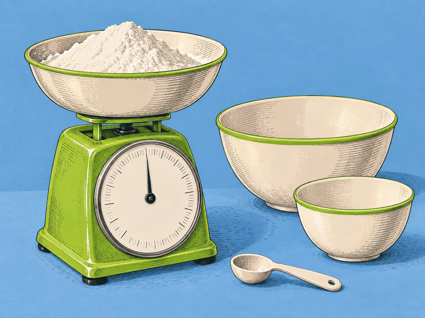 A lime kitchen scale holding flour beside two different-sized mixing bowls on a blue worktop.