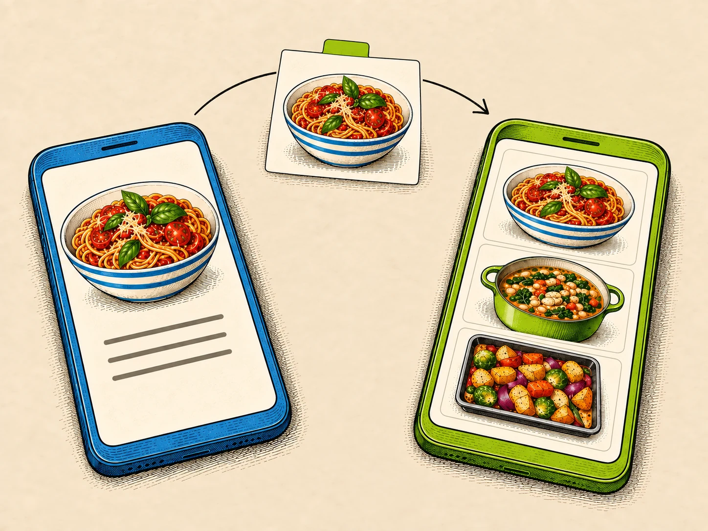 A pasta recipe card and curved transfer arrow sit between a blue phone showing the recipe and a lime phone holding a recipe collection, on cream.