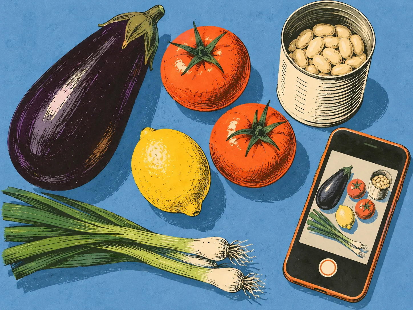 Aubergine, tomatoes, a lemon, beans and spring onions beside a phone camera on a blue kitchen worktop.