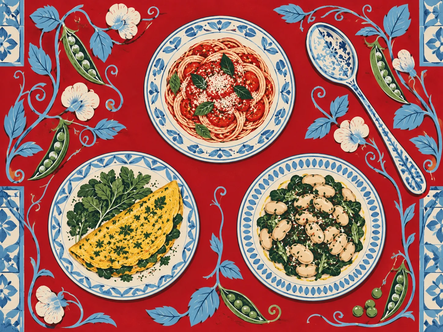 Three separate blue-and-white plates of pasta, an omelette and butter beans on a red background framed by flowers and pea vines.